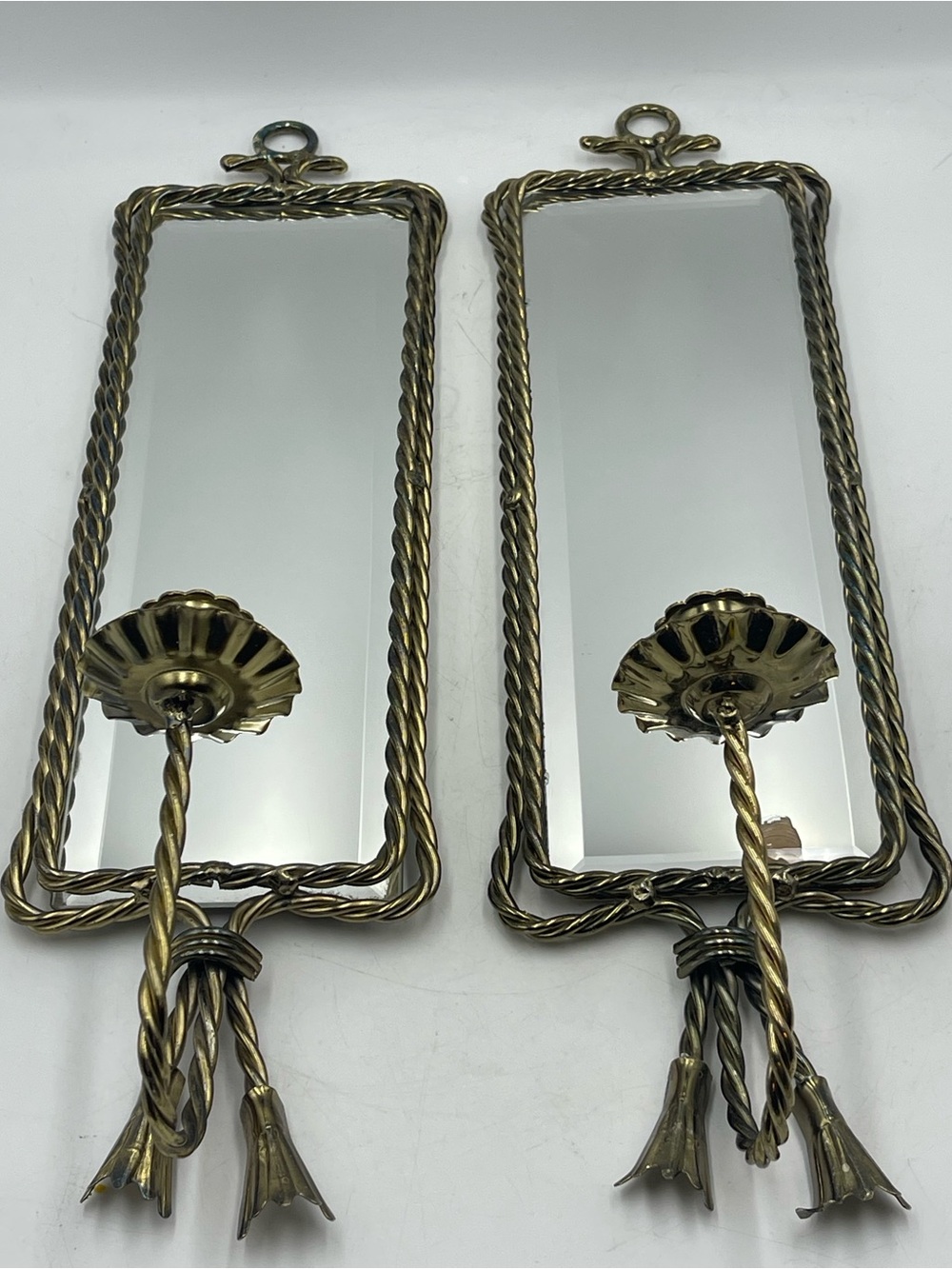 2 Mid Century Hollywood Regency Brass Rope & Tassel Mirrored Candle Wall Sconces